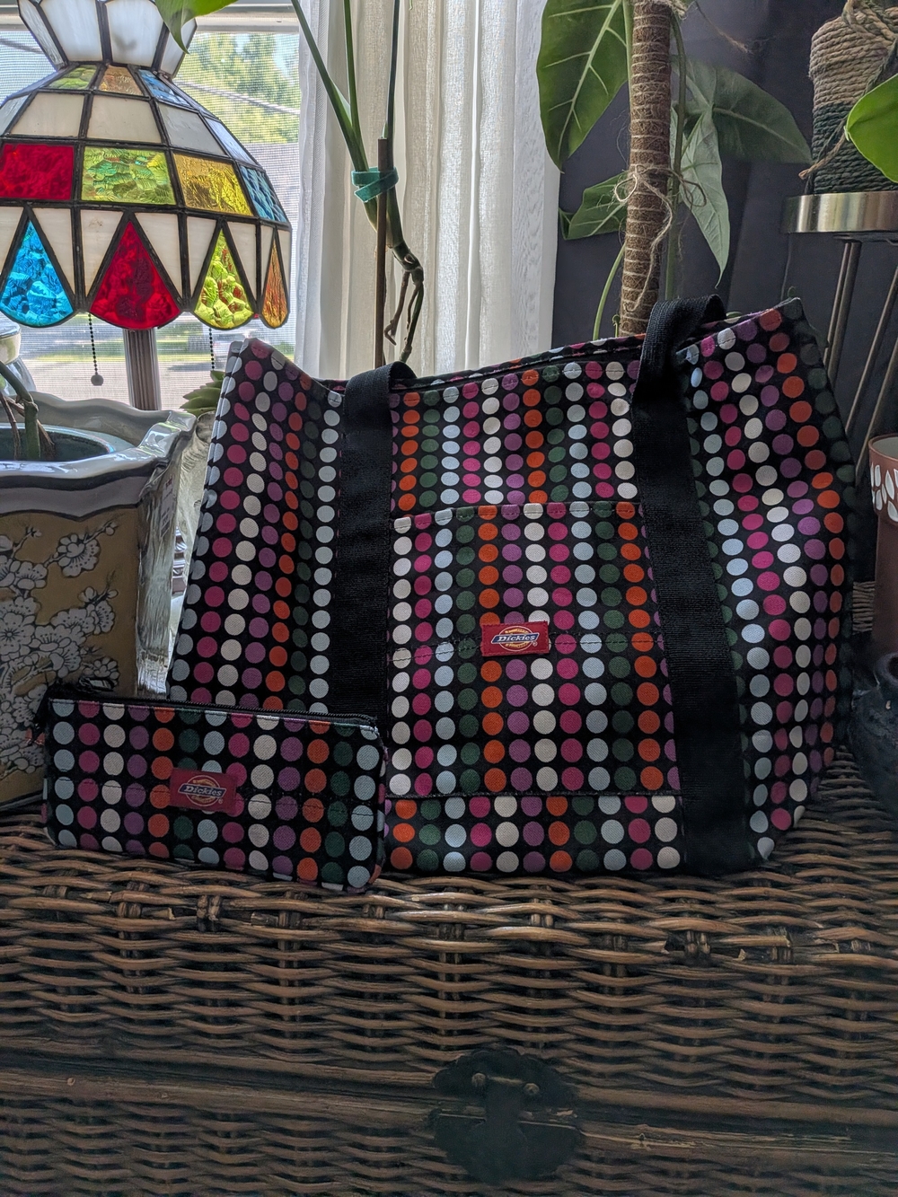 Dickies Black Tote with Multicolor Polka Dots and Matching Pouch